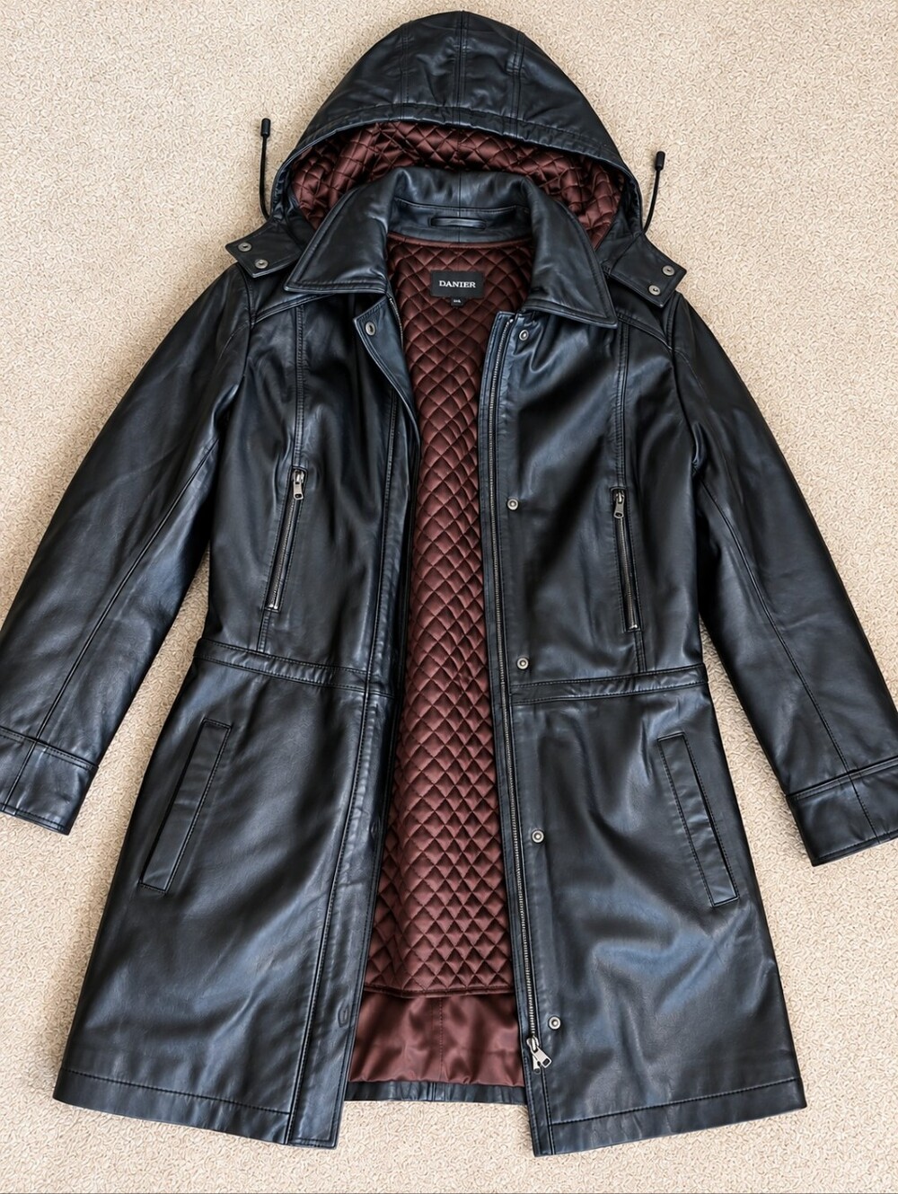 Danier Leather Parka Jacket Long Longline Coat Liner Hood Zip Up And Snap Size M